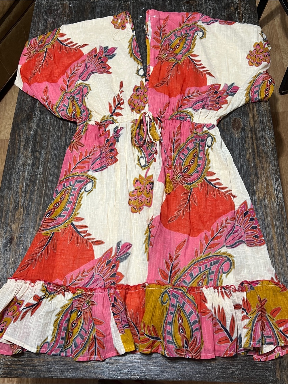 Floral Paisley Tie-Waist Casual Dress in Pink & Red